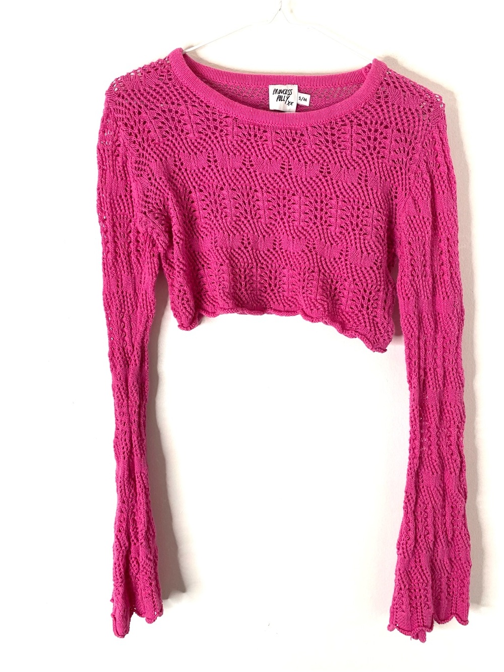 Princess Polly Pink Pointelle Crochet Knit Bell Sleeve Scallop Crop Top